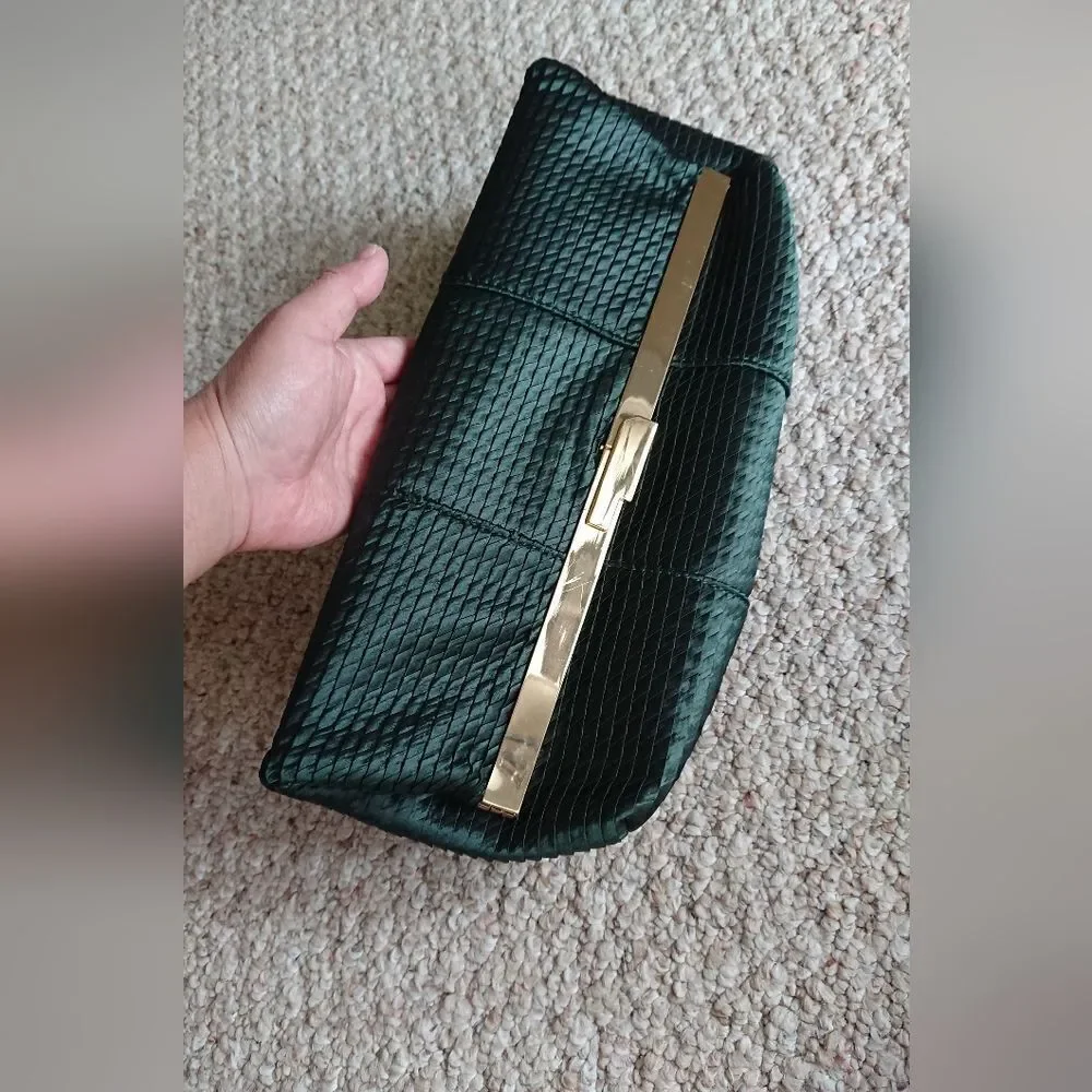 Halston Heritage foldable Frame Clutch in lux weaved green silk